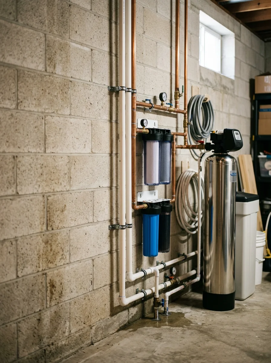 Water softener and filtration system installation in Tampa Bay home basement, protecting appliances from hard water damage